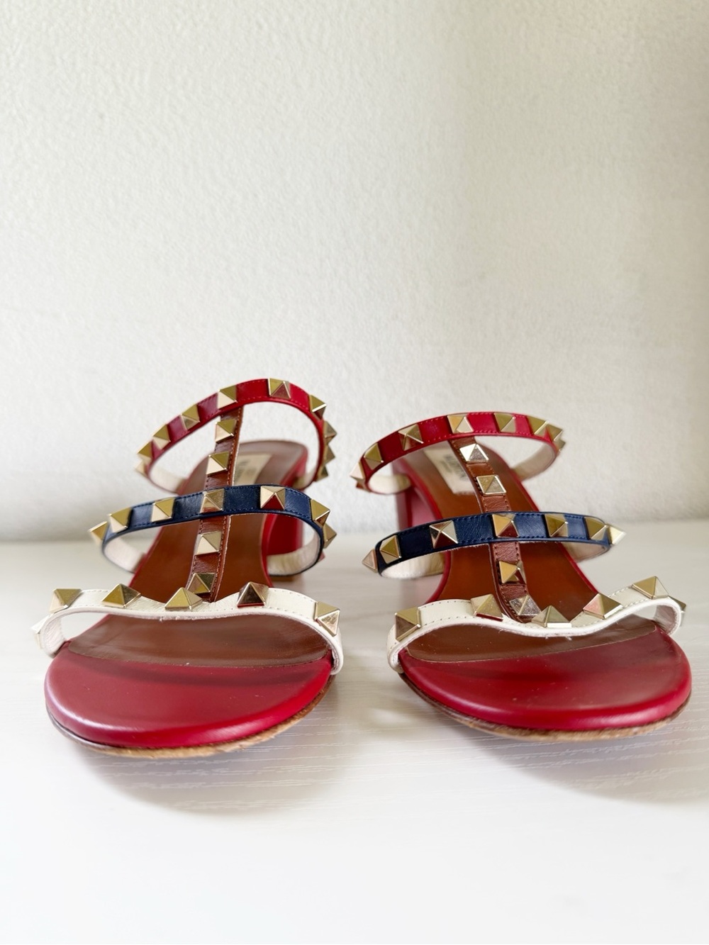 Valentino Garavani Rockstud Red White Blue Leather Sandals Block Heels EU 39 - Picture 7 of 12